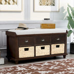 Banc de rangement rustique pour chaussures avec 3 tiroirs et 3 paniers en rotin