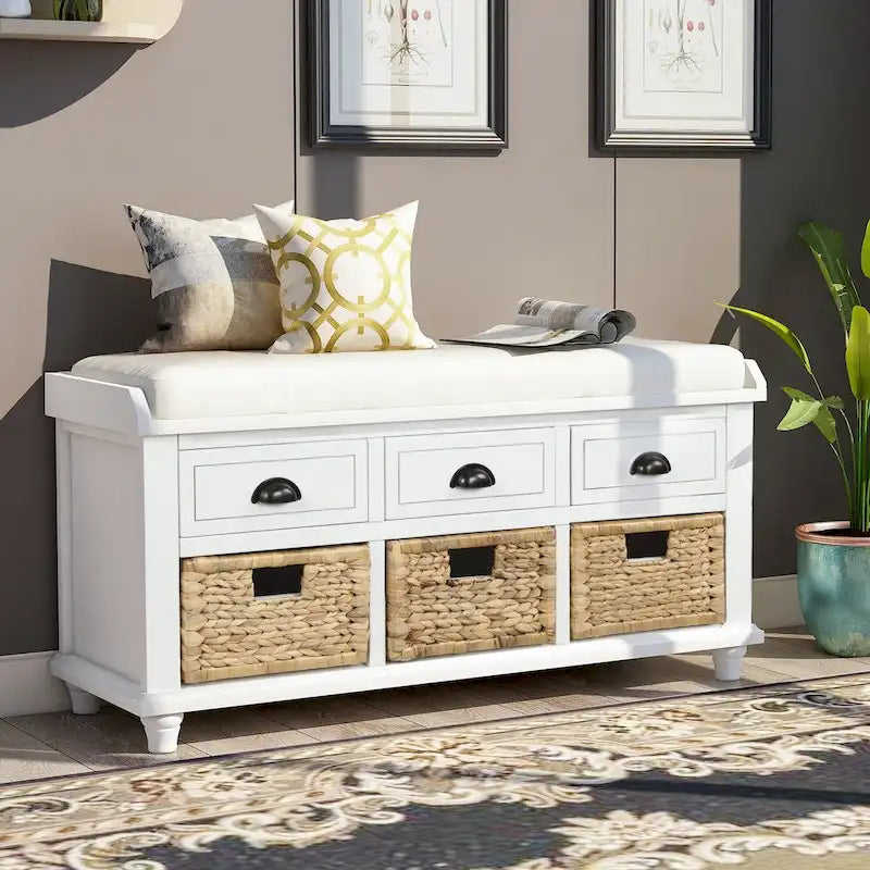 Banc de rangement rustique pour chaussures avec 3 tiroirs et 3 paniers en rotin