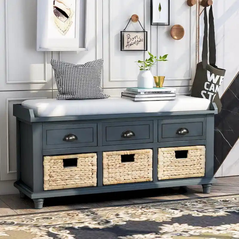 Banc de rangement rustique pour chaussures avec 3 tiroirs et 3 paniers en rotin