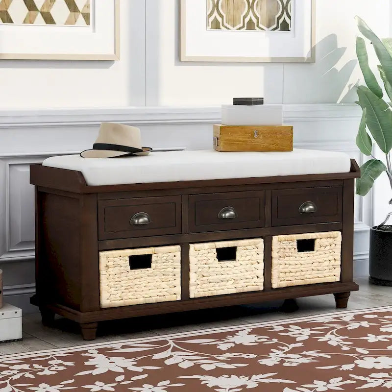 Banc de rangement rustique pour chaussures avec 3 tiroirs et 3 paniers en rotin