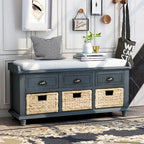 Banc de rangement rustique pour chaussures avec 3 tiroirs et 3 paniers en rotin