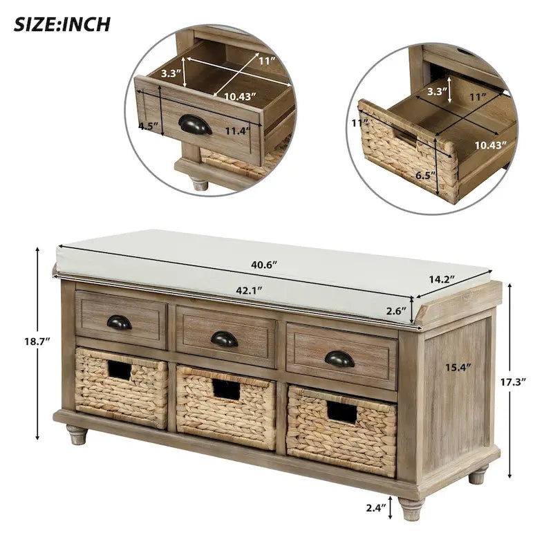 Banc de rangement rustique pour chaussures avec 3 tiroirs et 3 paniers en rotin
