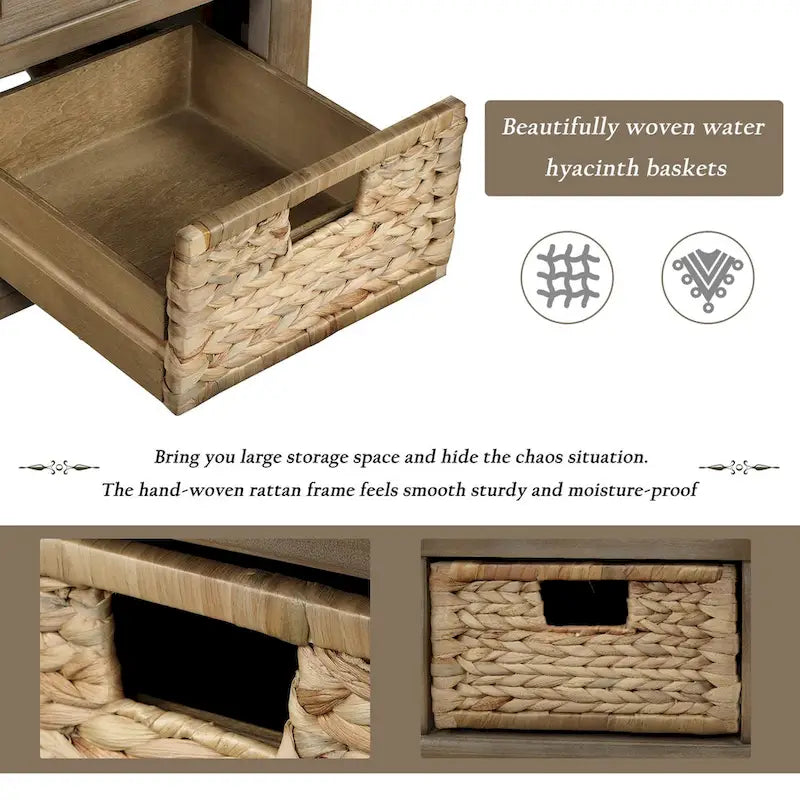 Banc de rangement rustique pour chaussures avec 3 tiroirs et 3 paniers en rotin