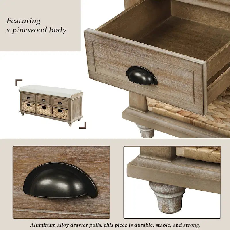 Banc de rangement rustique pour chaussures avec 3 tiroirs et 3 paniers en rotin
