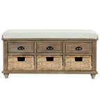 Banc de rangement rustique pour chaussures avec 3 tiroirs et 3 paniers en rotin
