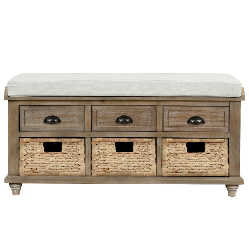 Banc de rangement rustique pour chaussures avec 3 tiroirs et 3 paniers en rotin