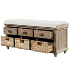 Banc de rangement rustique pour chaussures avec 3 tiroirs et 3 paniers en rotin