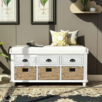 Banc de rangement rustique pour chaussures avec 3 tiroirs et 3 paniers en rotin