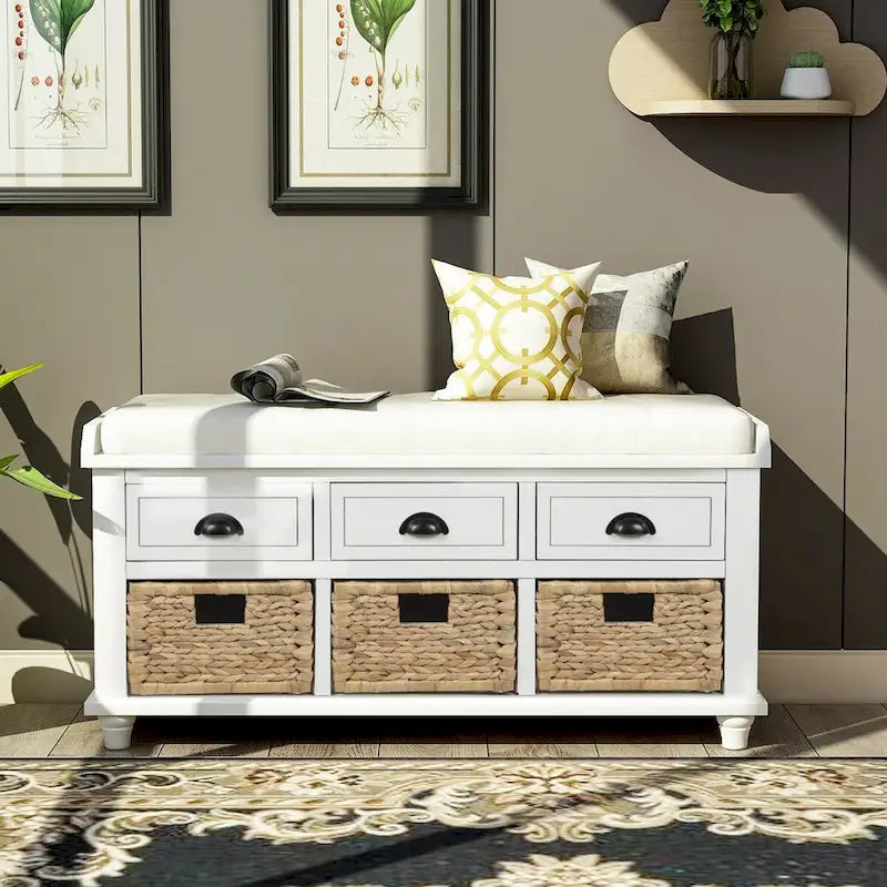 Banc de rangement rustique pour chaussures avec 3 tiroirs et 3 paniers en rotin