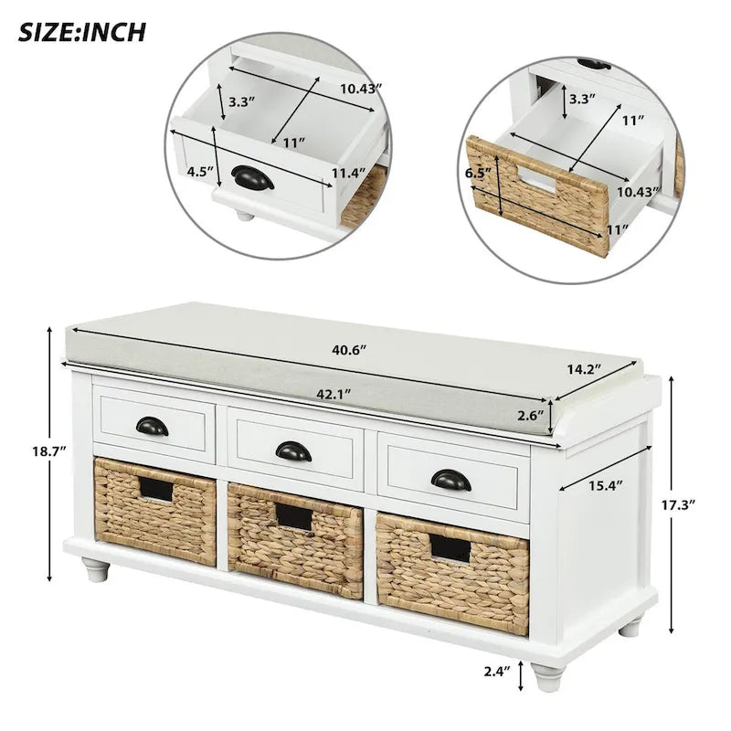 Banc de rangement rustique pour chaussures avec 3 tiroirs et 3 paniers en rotin