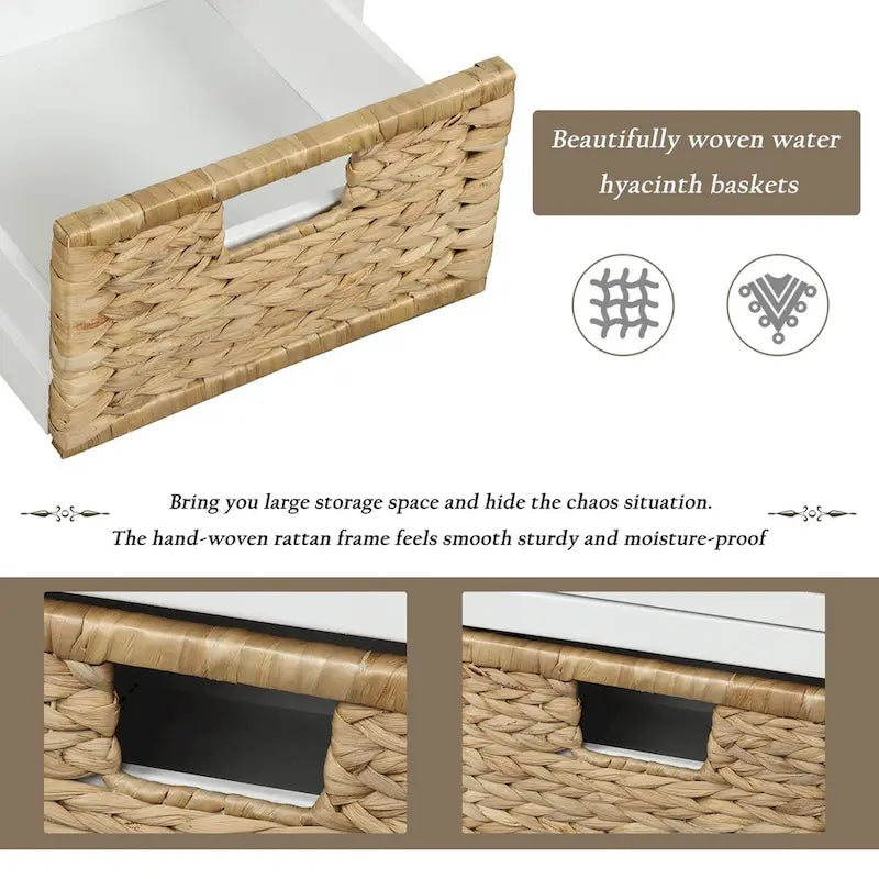 Banc de rangement rustique pour chaussures avec 3 tiroirs et 3 paniers en rotin