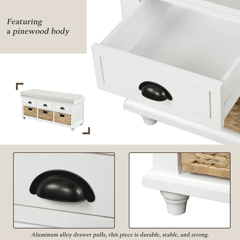 Banc de rangement rustique pour chaussures avec 3 tiroirs et 3 paniers en rotin
