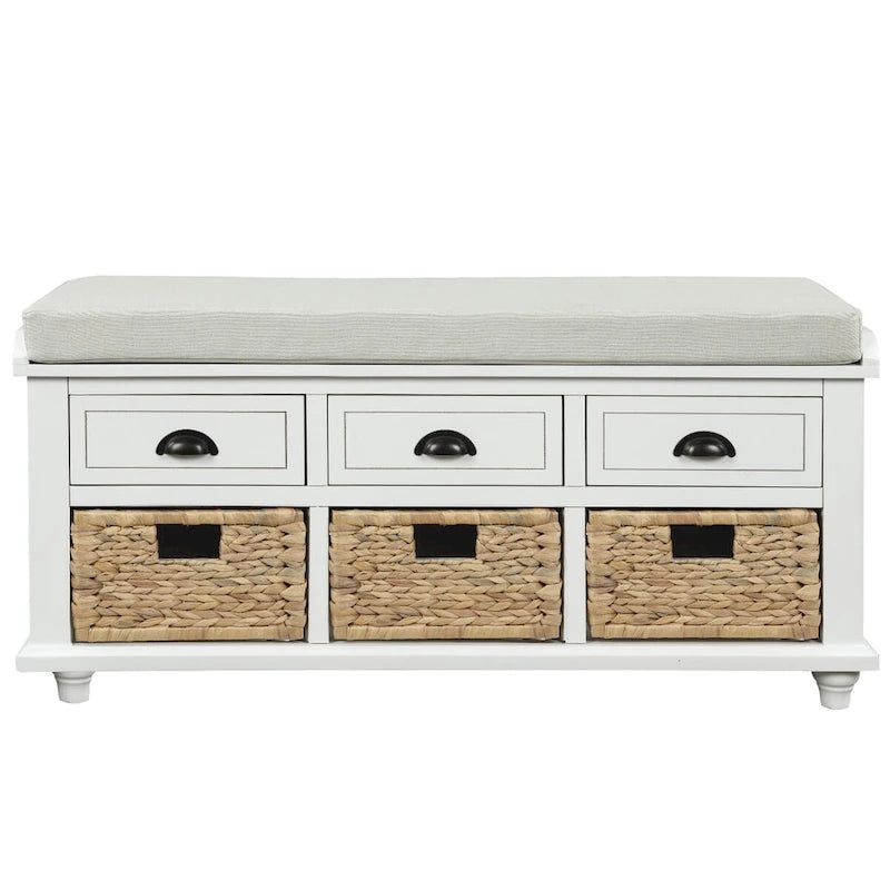 Banc de rangement rustique pour chaussures avec 3 tiroirs et 3 paniers en rotin