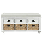 Banc de rangement rustique pour chaussures avec 3 tiroirs et 3 paniers en rotin