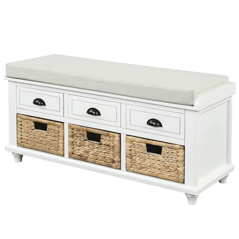 Banc de rangement rustique pour chaussures avec 3 tiroirs et 3 paniers en rotin