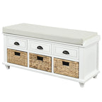 Banc de rangement rustique pour chaussures avec 3 tiroirs et 3 paniers en rotin