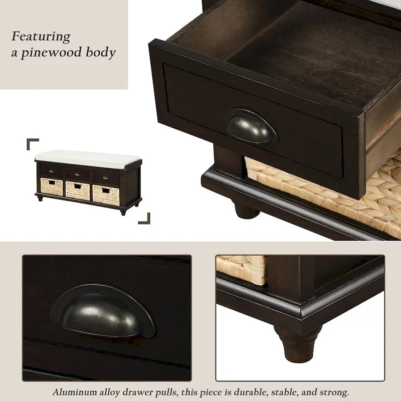 Banc de rangement rustique pour chaussures avec 3 tiroirs et 3 paniers en rotin