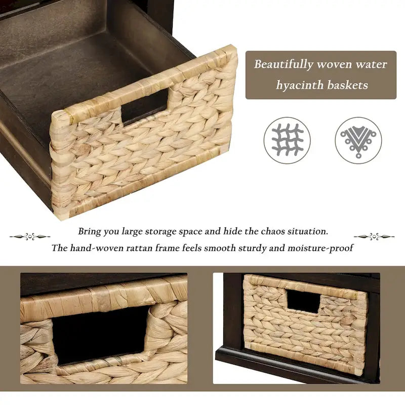 Banc de rangement rustique pour chaussures avec 3 tiroirs et 3 paniers en rotin