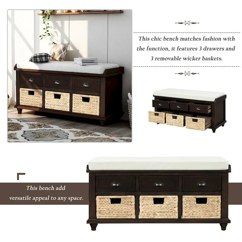 Banc de rangement rustique pour chaussures avec 3 tiroirs et 3 paniers en rotin