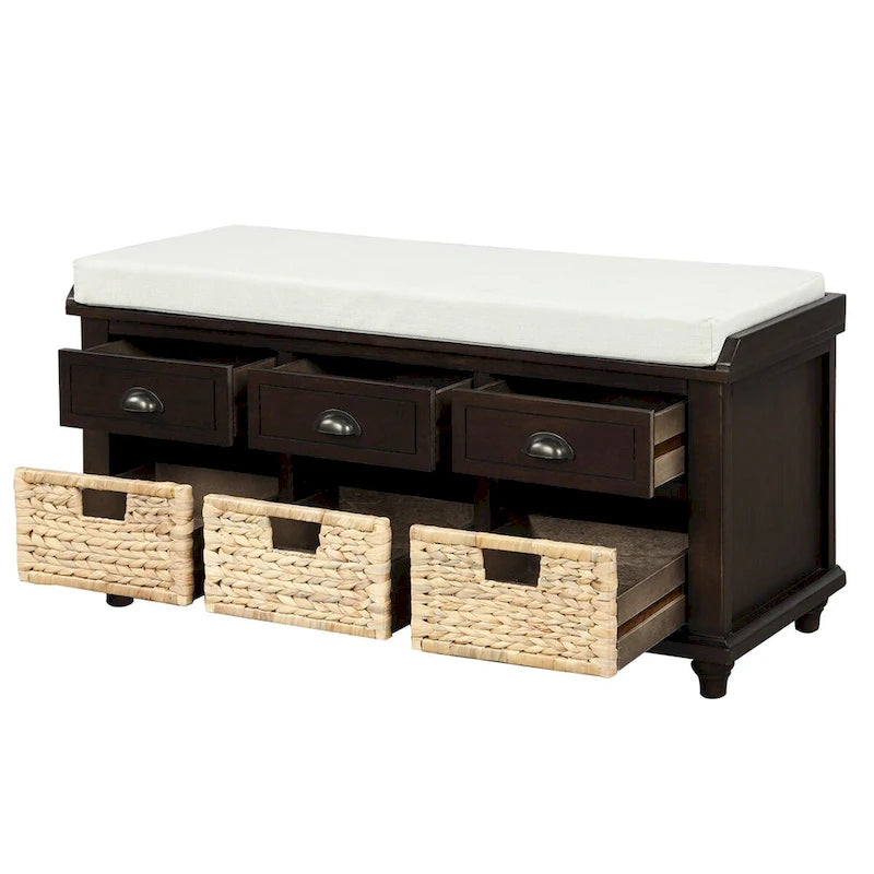 Banc de rangement rustique pour chaussures avec 3 tiroirs et 3 paniers en rotin