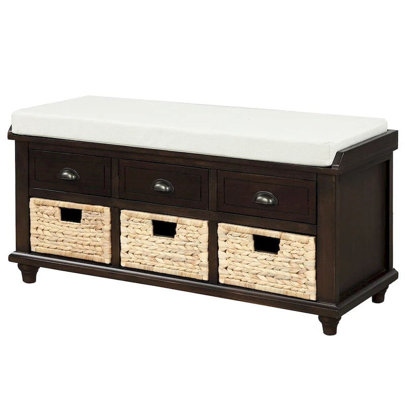 Banc de rangement rustique pour chaussures avec 3 tiroirs et 3 paniers en rotin