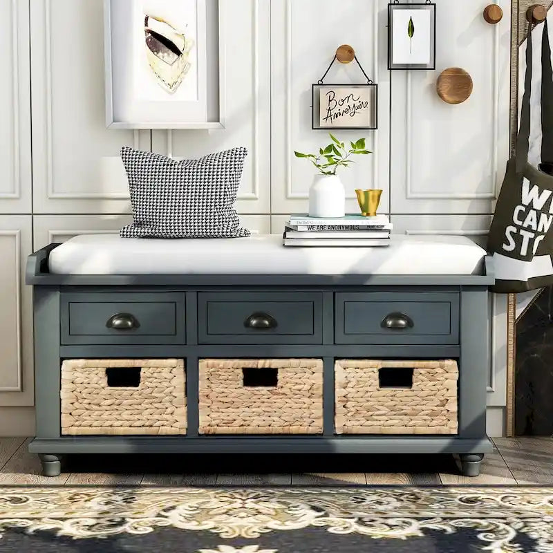 Banc de rangement rustique pour chaussures avec 3 tiroirs et 3 paniers en rotin