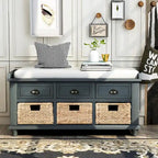 Banc de rangement rustique pour chaussures avec 3 tiroirs et 3 paniers en rotin
