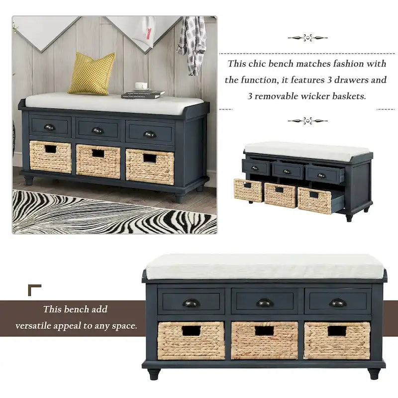 Banc de rangement rustique pour chaussures avec 3 tiroirs et 3 paniers en rotin