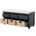 Banc de rangement rustique pour chaussures avec 3 tiroirs et 3 paniers en rotin