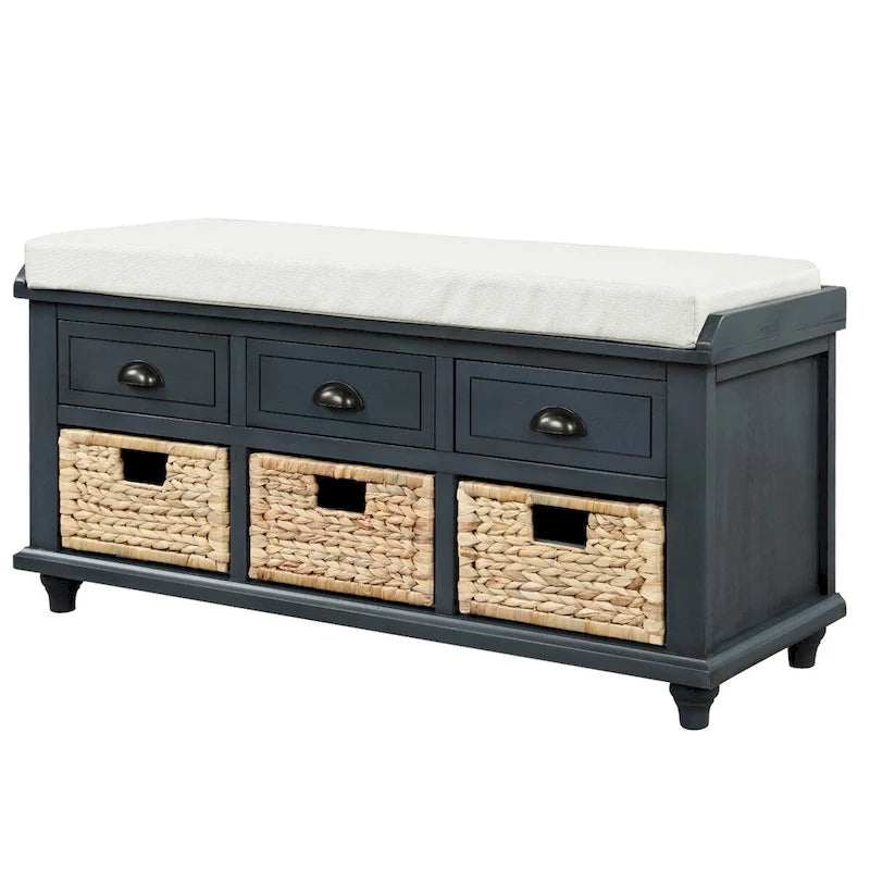 Banc de rangement rustique pour chaussures avec 3 tiroirs et 3 paniers en rotin