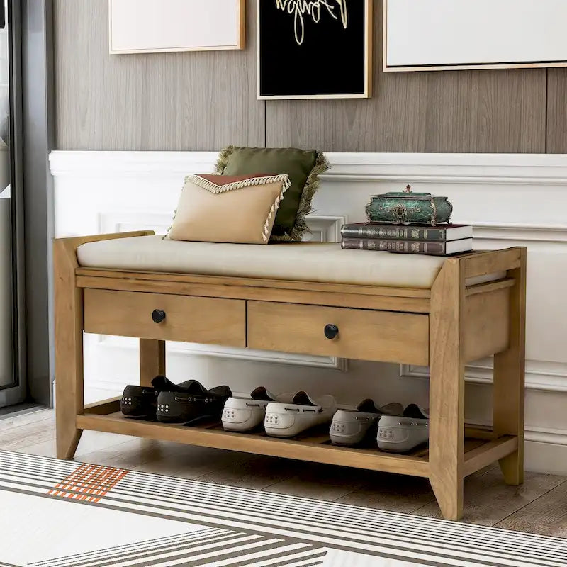 Banc de rangement polyvalent pour chaussures avec coussin d'assise et tiroirs