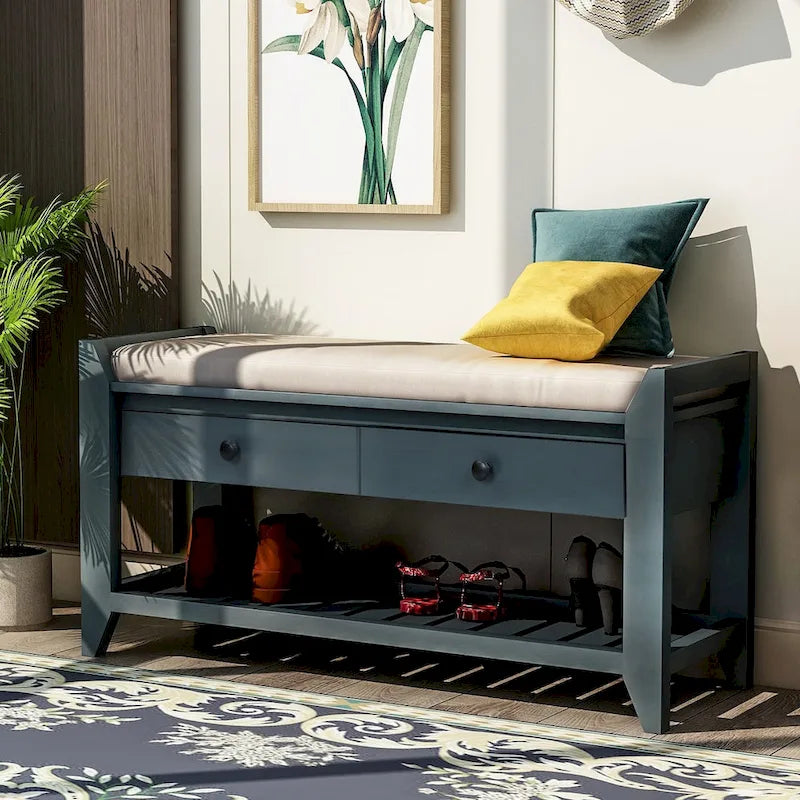 Banc de rangement polyvalent pour chaussures avec coussin d'assise et tiroirs