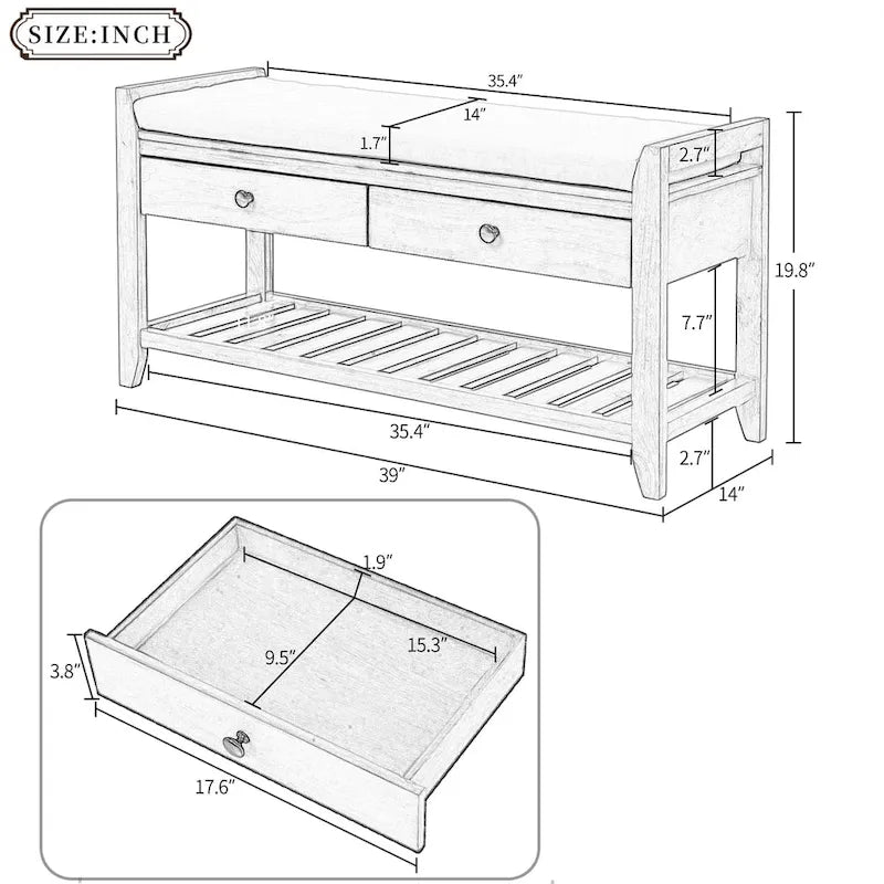 Banc de rangement polyvalent pour chaussures avec coussin d'assise et tiroirs