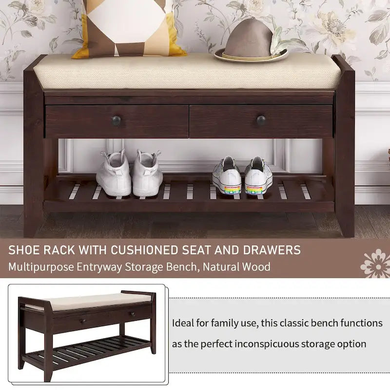 Banc de rangement polyvalent pour chaussures avec coussin d'assise et tiroirs