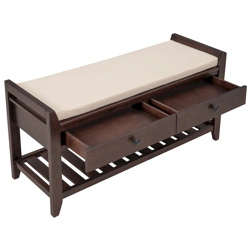Banc de rangement polyvalent pour chaussures avec coussin d'assise et tiroirs