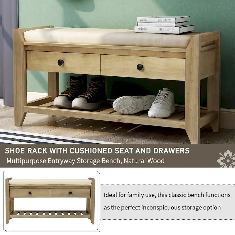 Banc de rangement polyvalent pour chaussures avec coussin d'assise et tiroirs