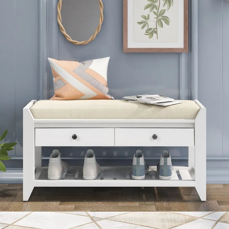 Banc de rangement polyvalent pour chaussures avec coussin d'assise et tiroirs
