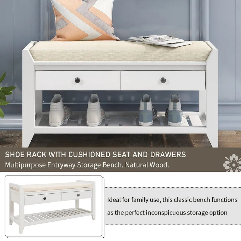 Banc de rangement polyvalent pour chaussures avec coussin d'assise et tiroirs