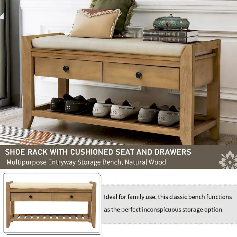 Banc de rangement polyvalent pour chaussures avec coussin d'assise et tiroirs