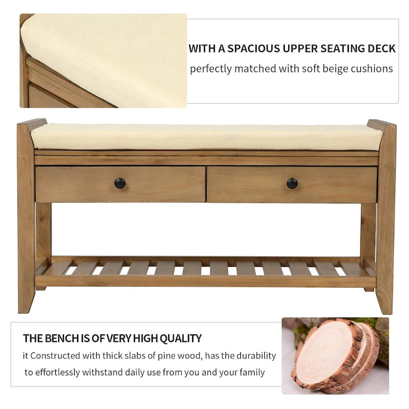 Banc de rangement polyvalent pour chaussures avec coussin d'assise et tiroirs