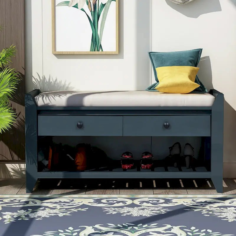 Banc de rangement polyvalent pour chaussures avec coussin d'assise et tiroirs