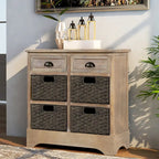 Meuble de rangement rustique avec deux tiroirs et quatre paniers classiques en rotin pour salle à manger/salon