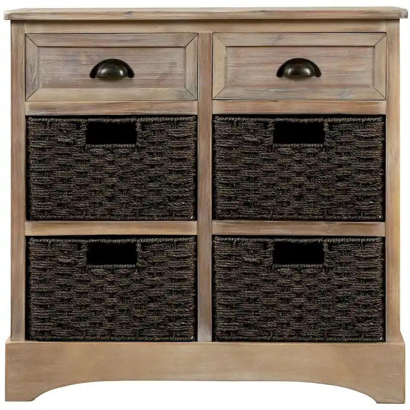 Meuble de rangement rustique avec deux tiroirs et quatre paniers classiques en rotin pour salle à manger/salon