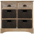 Meuble de rangement rustique avec deux tiroirs et quatre paniers classiques en rotin pour salle à manger/salon
