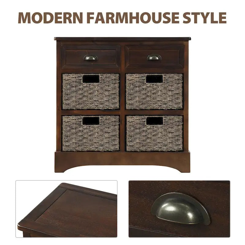 Meuble de rangement rustique avec deux tiroirs et quatre paniers classiques en rotin pour salle à manger/salon