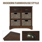 Meuble de rangement rustique avec deux tiroirs et quatre paniers classiques en rotin pour salle à manger/salon