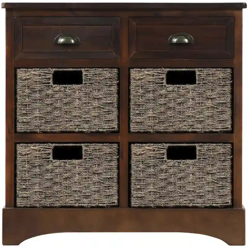 Meuble de rangement rustique avec deux tiroirs et quatre paniers classiques en rotin pour salle à manger/salon