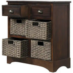 Meuble de rangement rustique avec deux tiroirs et quatre paniers classiques en rotin pour salle à manger/salon