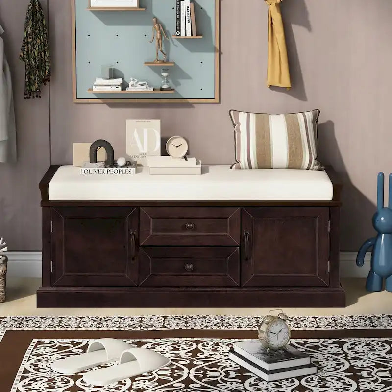 Banc de rangement avec 2 tiroirs et 2 placards, Banc à chaussures avec coussin amovible pour salon, entrée
