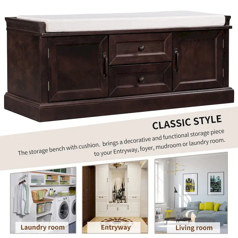 Banc de rangement avec 2 tiroirs et 2 placards, Banc à chaussures avec coussin amovible pour salon, entrée